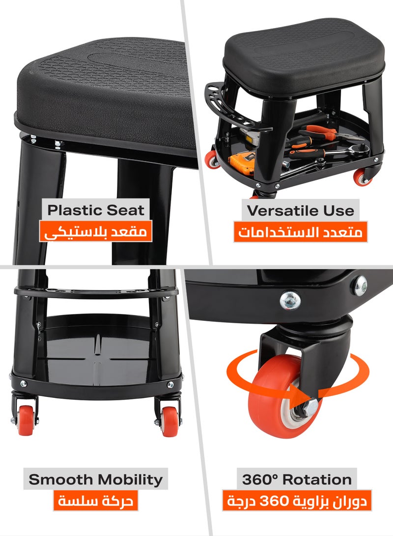 LAWAZIM Garage Mechanic Stool with Storage Tray and Tool Rack - 41.5x27x35cm - Rolling Garage Work Seat with 130kg Capacity and 360° Swivel Caster Wheels - Ideal for Car Detailing, Repairs, Workshops - Image 3